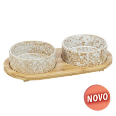 Gamela dupla em ceramica c/suporte bamboo